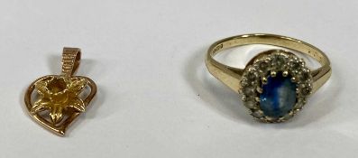 TWO ITEMS OF 9CT GOLD JEWELLERY, comprising a blue sapphire and diamond cluster ring, approx. 1ct