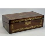 REGENCY ROSEWOOD BRASS INLAID WRITING BOX, hinged cover, fitted interior with tooled leather writing