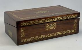 REGENCY ROSEWOOD BRASS INLAID WRITING BOX, hinged cover, fitted interior with tooled leather writing