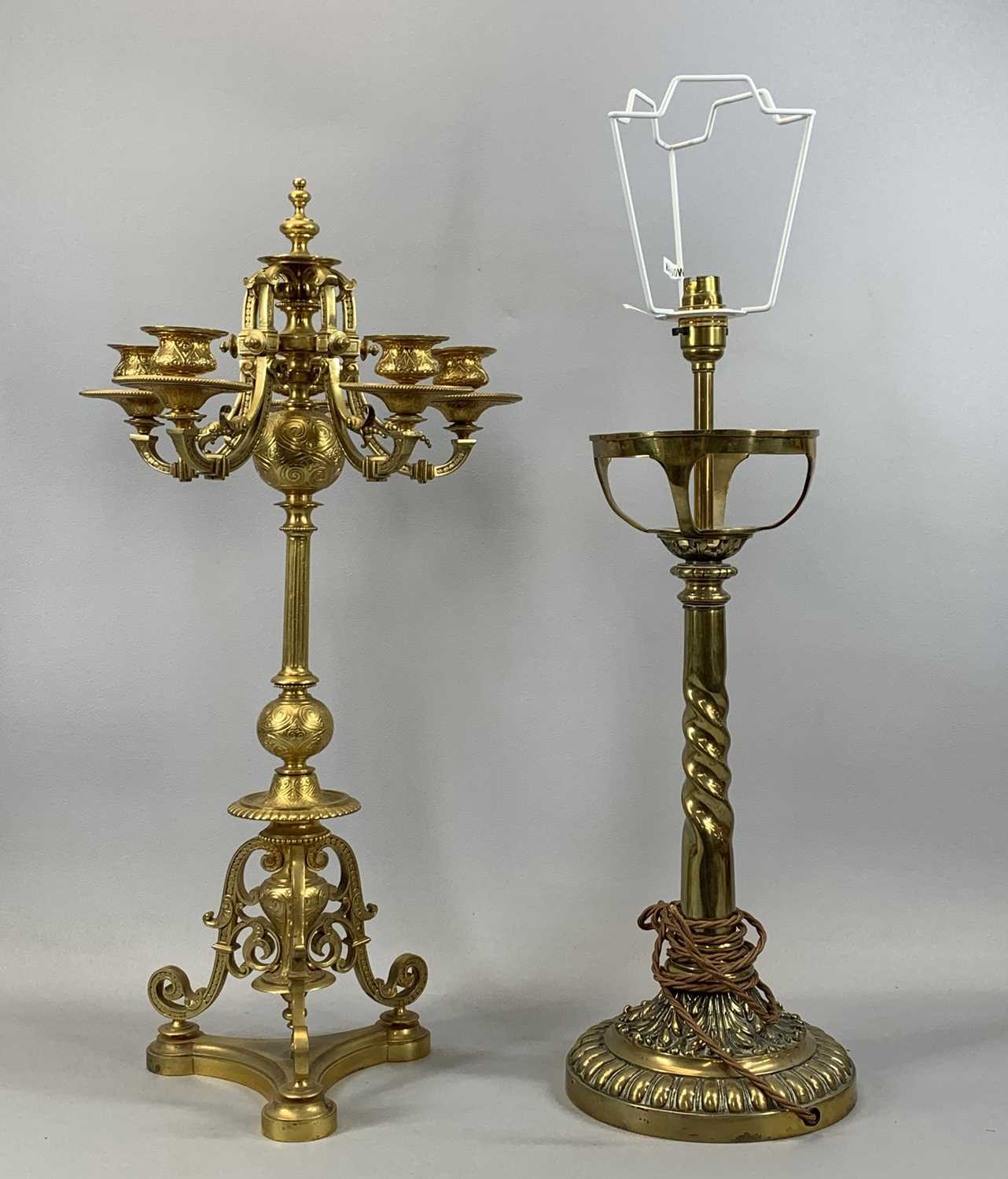 GOOD QUALITY 19TH CENTURY GILDED BRONZE FIVE BRANCH CANDELABRA of ornate design, on trefoil shaped