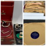 HIS MASTERS VOICE TABLE TOP WIND UP GRAMOPHONE PLAYER, in burgundy case and a Voiriot French