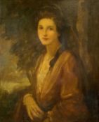 19TH CENTURY BRITISH SCHOOL oil on canvas - three-quarter length portrait of a lady by a tree,