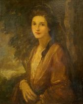 19TH CENTURY BRITISH SCHOOL oil on canvas - three-quarter length portrait of a lady by a tree,