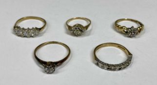FIVE 9CT GOLD DRESS RINGS, diamond and sapphire half eternity, size O, all others mounted with paste