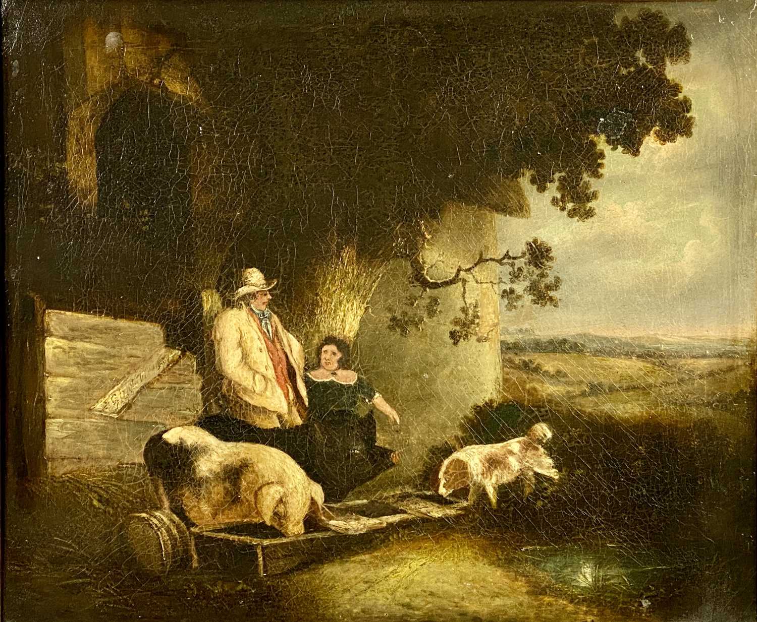 19TH CENTURY BRITISH PRIMITIVE oil on canvas - farmer and wife with two pigs feeding from trough and