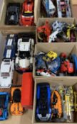 COLLECTION OF BUILT LEGO VEHICLES, including digger, helicopter, lunar module, London red bus and