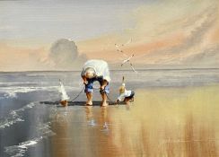 JOHN HORSEWELL (British Contemporary) watercolour - man and child on beach with toy yacht, signed