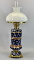 VICTORIAN TAYLOR & TUNNICLIFFE BLUE & WHITE FLORAL CERAMIC OIL LAMP with gilded metal mounts, single
