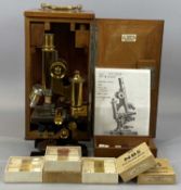 ERNST LEITZ WETZLAR BRASS CASED COMPOUND MICROSCOPE, on lacquered base, no. 51223, in mahogany