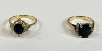 TWO 14CT GOLD DIAMOND & BLUE SAPPHIRE SET DRESS RINGS, the first with sixteen small diamonds