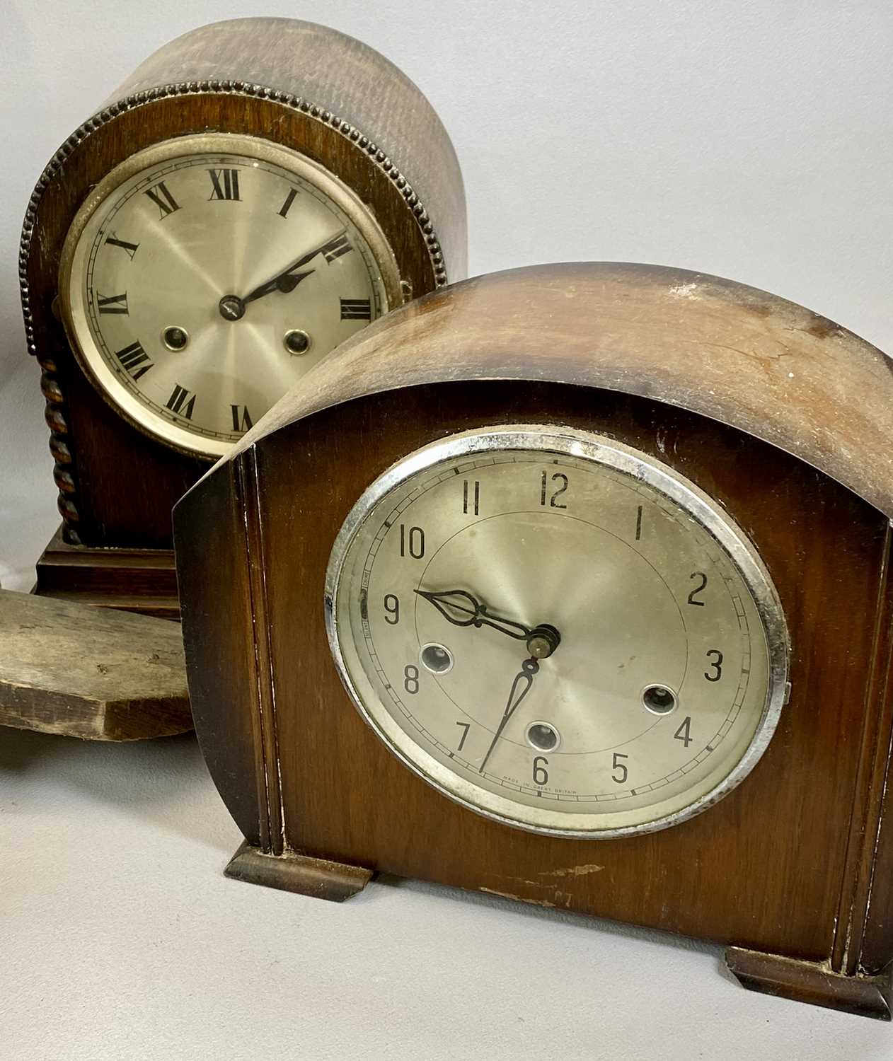 VARIOUS CLOCKS comprising 19th century postman's clock, pink and cream enamelled dial, with black - Image 4 of 5