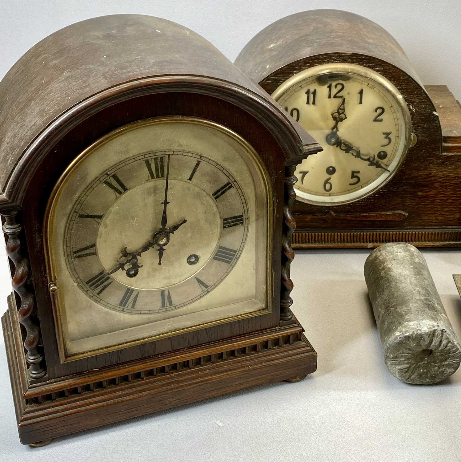 VARIOUS CLOCKS comprising 19th century postman's clock, pink and cream enamelled dial, with black - Image 3 of 5