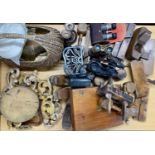 GROUP OF MISCELLANEOUS ITEMS, including vintage woodworking planes, oak barley twist candle sticks a