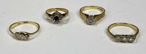 FOUR 18CT GOLD DIAMOND SET DRESS RINGS, blue sapphire, size H, textured shoulder illusion set