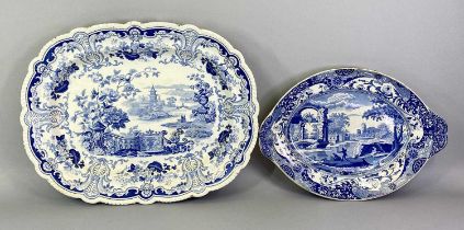 STAFFORDSHIRE INDENTED BLUE & WHITE TRANSFER DECORATED MEAT DISH - by Hicks Meigh & Johnson, early