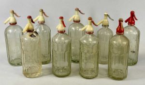 NINE VINTAGE GLASS SODA SYPHONS, facet and ribbed glass, etched advertising detail, Hooper Struve,