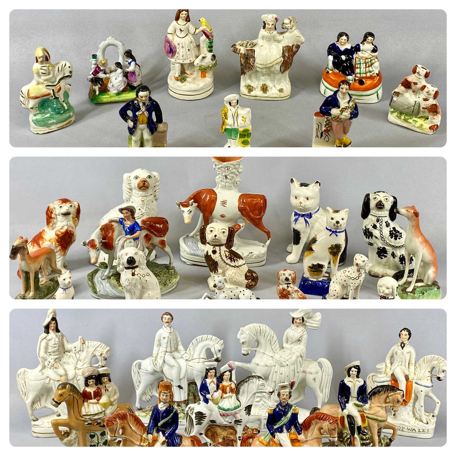 STAFFORDSHIRE POTTERY FLATBACK & OTHER FIGURES, cats, dogs, cows, figures on horseback, smaller