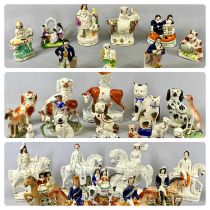 STAFFORDSHIRE POTTERY FLATBACK & OTHER FIGURES, cats, dogs, cows, figures on horseback, smaller