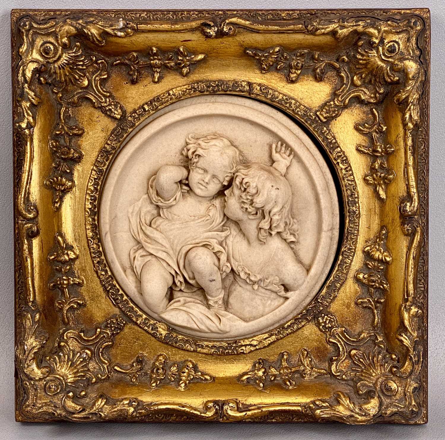 DECORATIVE 20TH CENTURY ITEMS, an E. W. Wyon style relief plaque of two children in ornate gilded - Image 4 of 4