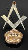 LARGE MASONIC BROOCH & A JAPANESE SATSUMA BELT BUCKLE, the brooch in unmarked, untested white metal,