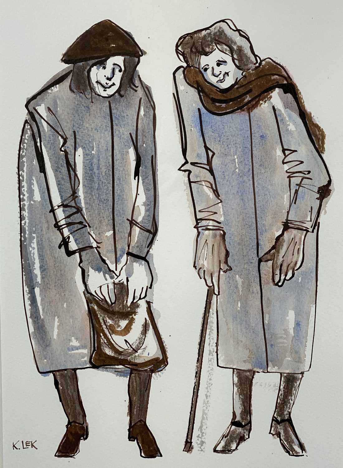 ‡ KAREL LEK acrylic on paper - two ladies chatting, entitled verso "Conversation", dated 2011,