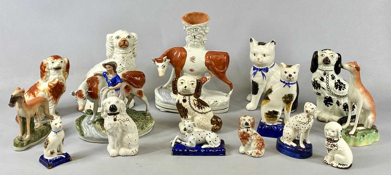 STAFFORDSHIRE POTTERY FLATBACK & OTHER FIGURES, cats, dogs, cows, figures on horseback, smaller - Image 3 of 4