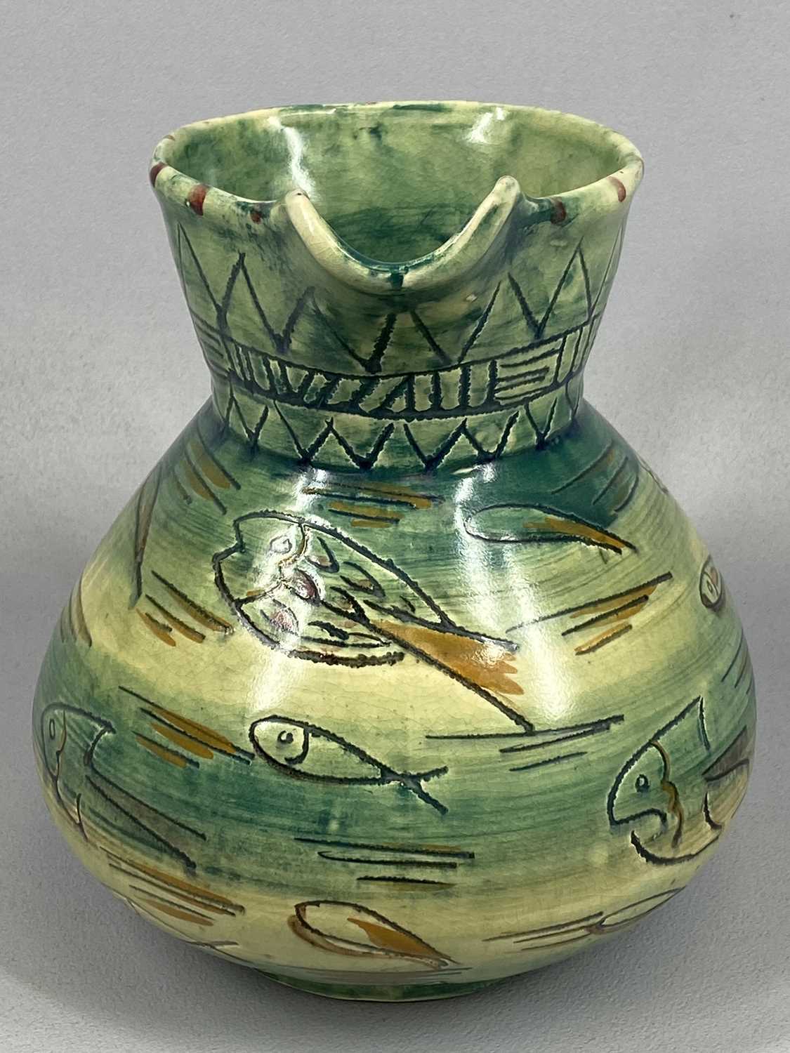 MABEL LEIGH SHORTER JUG, green and cream glazed and with incised decoration of fish, various - Image 3 of 6