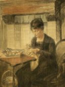 ‡ CAMILLE LAMBERT mixed media - lady sewing by fireplace, label for Hambledon Fine Art verso, signed