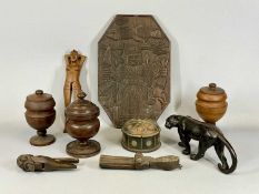 GROUP OF INTERESTING TREEN, including two turned Lignum Vitae lidded tobacco/spice pots, 21cms (