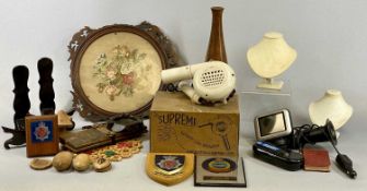 MIXED WOODEN & OTHER COLLECTABLES, to include framed needlework part of a pole screen, boxed supreme