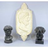 THREE SCULPTURAL COLLECTABLES comprising painted plaster bust of black labrador, 32cms (h),