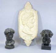 THREE SCULPTURAL COLLECTABLES comprising painted plaster bust of black labrador, 32cms (h),