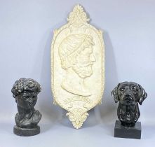 THREE SCULPTURAL COLLECTABLES comprising painted plaster bust of black labrador, 32cms (h),