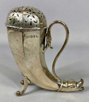 VICTORIAN SILVER CORNUCOPIA FORM SUGAR CASTER, pierced cover, scroll handle and feet, mythical beast