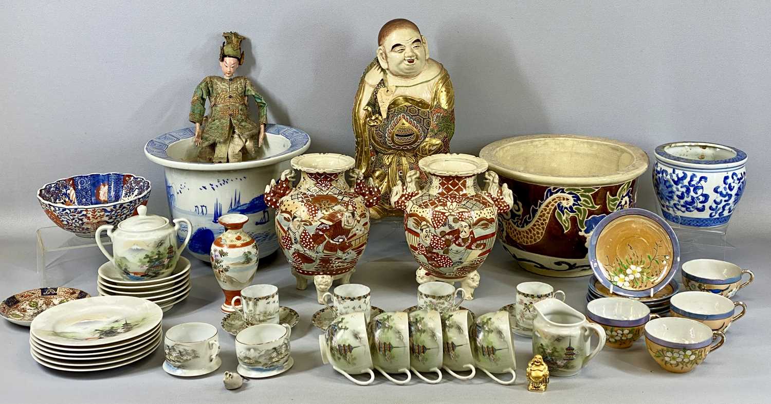 MIXED GROUP OF ORIENTAL CERAMICS, including a Satsuma Earthenware Hotei Buddha, 35cms (h), Satsuma