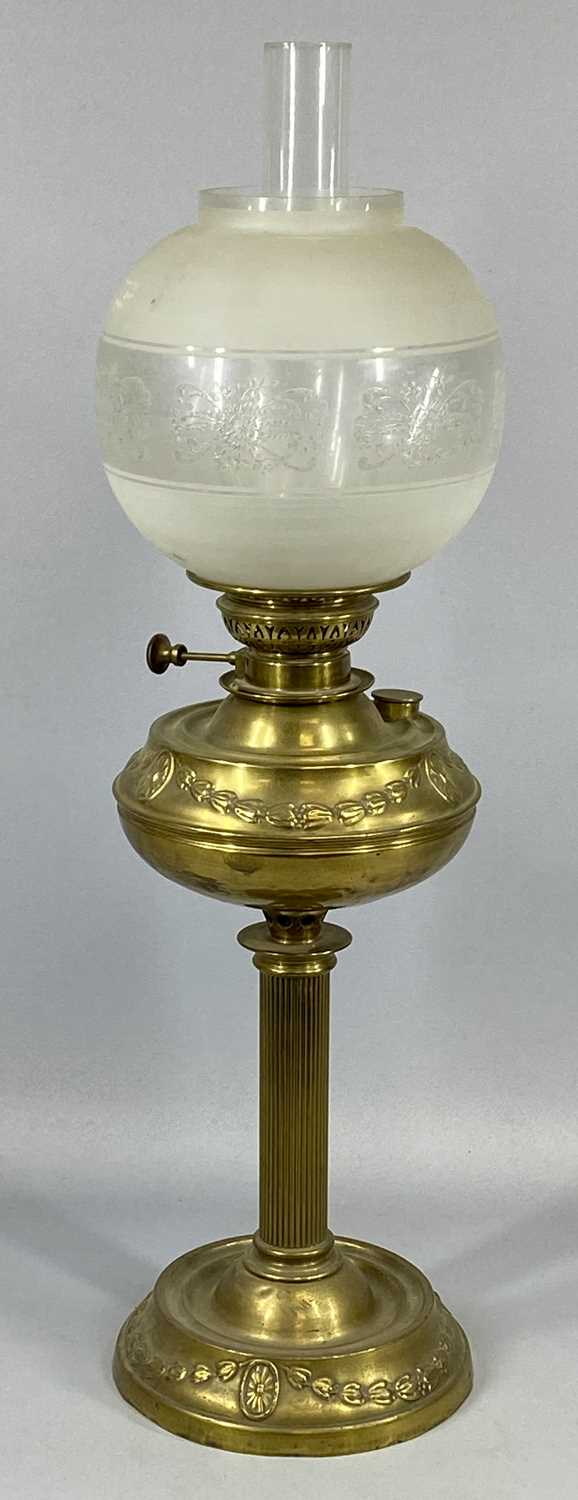 VICTORIAN BRASS OIL LAMP & ANOTHER, embossed with swags to the base and reservoir, veritas single - Image 3 of 3