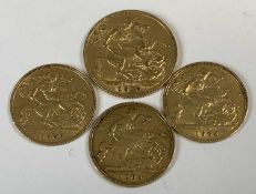 FOUR EDWARD VII GOLD FULL & HALF SOVEREIGNS, 1910, 8gms, 1902, 4gms, 1903, 4gms, 1907, 4gms