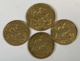 FOUR EDWARD VII GOLD FULL & HALF SOVEREIGNS, 1910, 8gms, 1902, 4gms, 1903, 4gms, 1907, 4gms