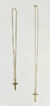 TWO 9CT GOLD CROSSES, the larger on a 9ct gold belcher link necklace, the cross stamped 9-375 to the