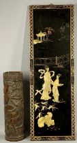 CHINESE RECTANGULAR BLACK LACQUERED PANEL & CHINESE VASE, the panel decorated with buildings,