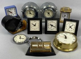 GROUP OF CLOCKS including mantel, travel, vintage desk calendar, the clocks all quartz movements, to