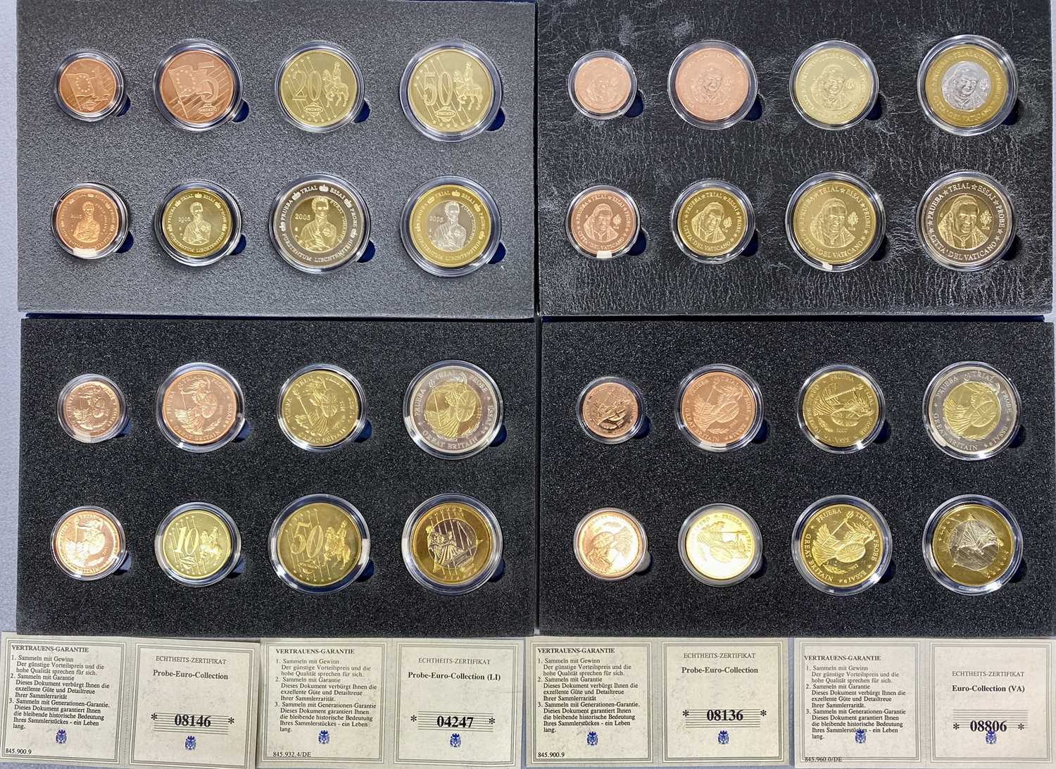 FOUR PROBE-EURO & EURO COLLECTION COIN SETS, 2 x 2002, 1 x 2005, 1 x 2008, all with protective