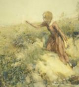‡ FRANK REYNOLDS watercolour - young girl picking flowers, entitled verso on a E. Johnson Artists