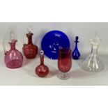 MIXED DECANTERS & OTHER COLOURFUL GLASSWARE COLLECTION, comprising clear glass ships decanter with