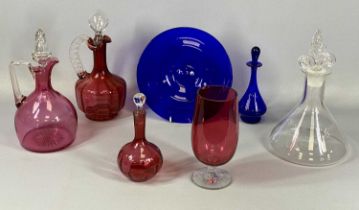 MIXED DECANTERS & OTHER COLOURFUL GLASSWARE COLLECTION, comprising clear glass ships decanter with