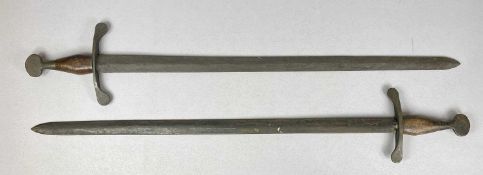 TWO MEDIEVAL STYLE BROAD SWORDS with 80cms tapering double edged blades, flattened quillons and