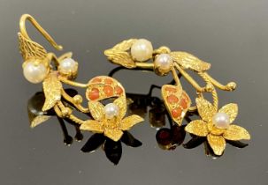 PAIR 22CT GOLD PEARL & CORAL SET EARRINGS, 20th century India, fashioned as leaf and floral spray