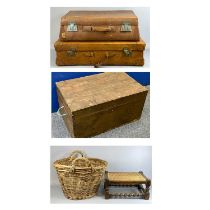 SUNDRY INTERIOR FURNISHINGS comprising stained pine trunk with lift up lid, 76cms (w), wicker two-