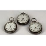 THREE SILVER CASED KEY WIND LEVER POCKET WATCHES, all open faced, white dials, Roman numerals,