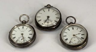 THREE SILVER CASED KEY WIND LEVER POCKET WATCHES, all open faced, white dials, Roman numerals,